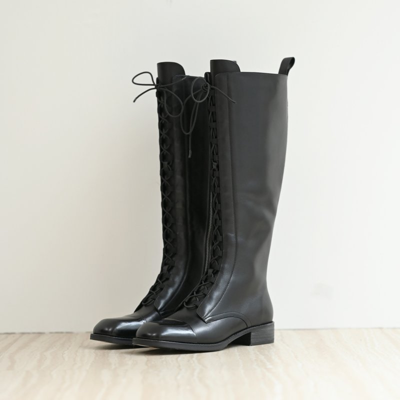 亮面鞋頭-小牛皮綁帶長靴-黑色 - 女長靴/高筒靴 - 真皮 黑色