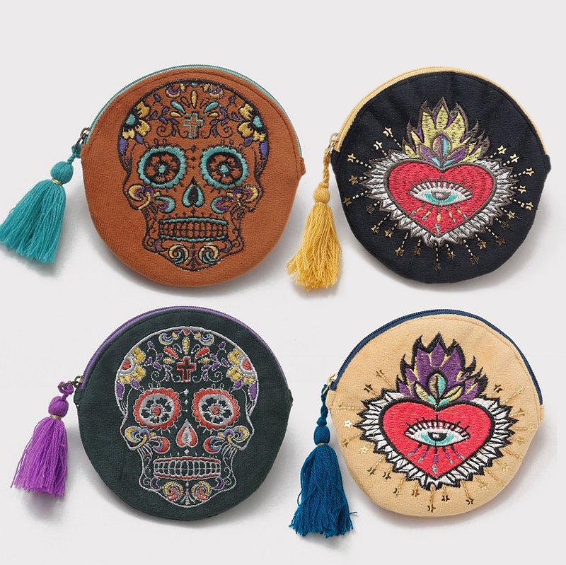 [Popular pre-order] Mexican embroidered heart-shaped, skull round small coin purse (2 styles) IAWP4359-60 - กระเป๋าใส่เหรียญ - เส้นใยสังเคราะห์ 