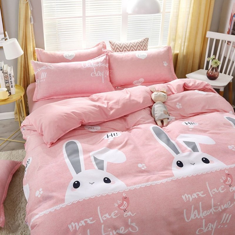 Pink Bunny Taiwan-Made Soft Cotton Duvet Cover and Fitted Sheet Set - Single/Double/Queen - เครื่องนอน - วัสดุอื่นๆ 