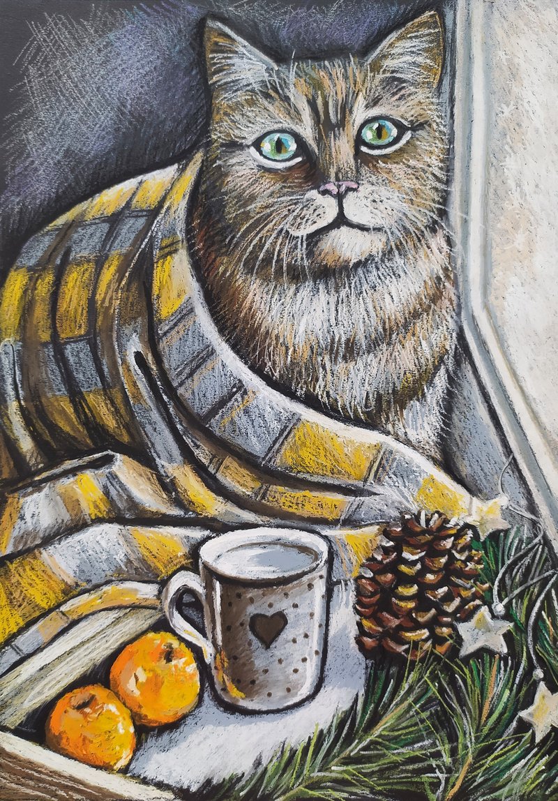 Portrait of a cat painting animal art oil pastel winter - Wall Décor - Paper Blue