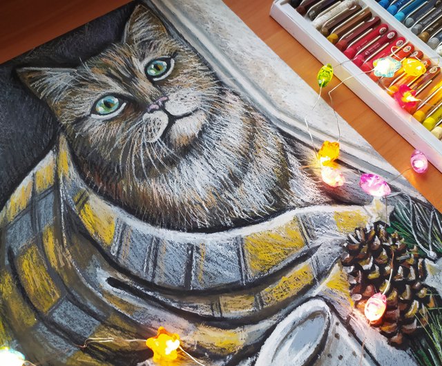 ねこのオイルパステル画