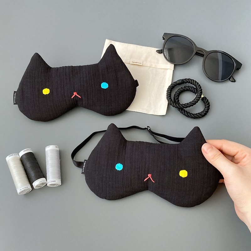 Black cat heterochromatic eye mask, organic cotton, handmade double yarn, adjustable length, comes with storage bag - ผ้าปิดตา - ผ้าฝ้าย/ผ้าลินิน สีดำ