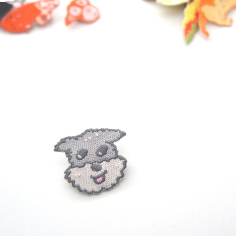 Oji the Angel Schnauzer Puppy Embroidery Pin - เข็มกลัด - งานปัก สีเทา