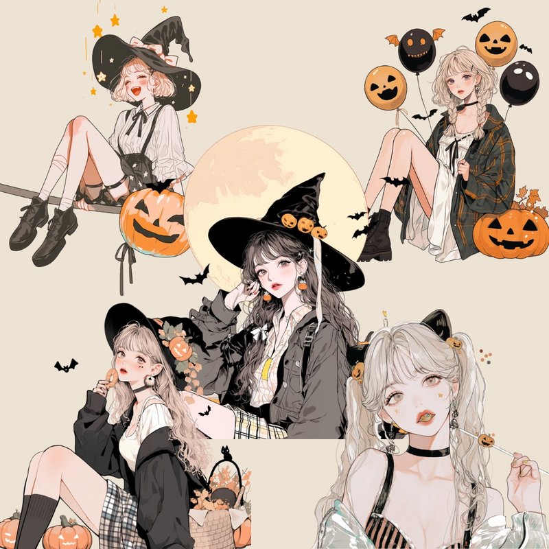 秋季女孩貼紙與萬聖節PNG 拼貼、手帳、數位貼紙素材 - 電子似顏繪/繪畫/插畫 - 其他材質 