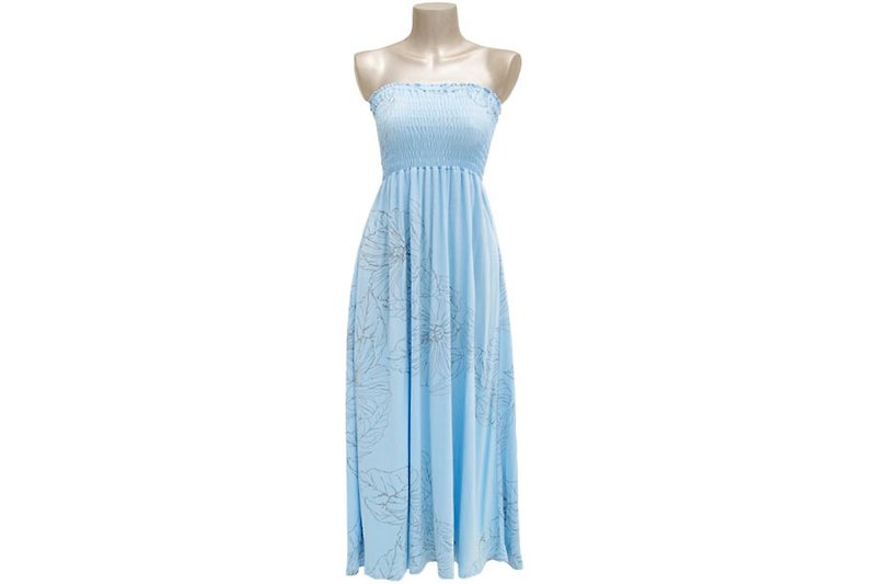 Hand-painted hibiscus print tube top long dress <Blue Water> - ชุดราตรี - วัสดุอื่นๆ สีน้ำเงิน