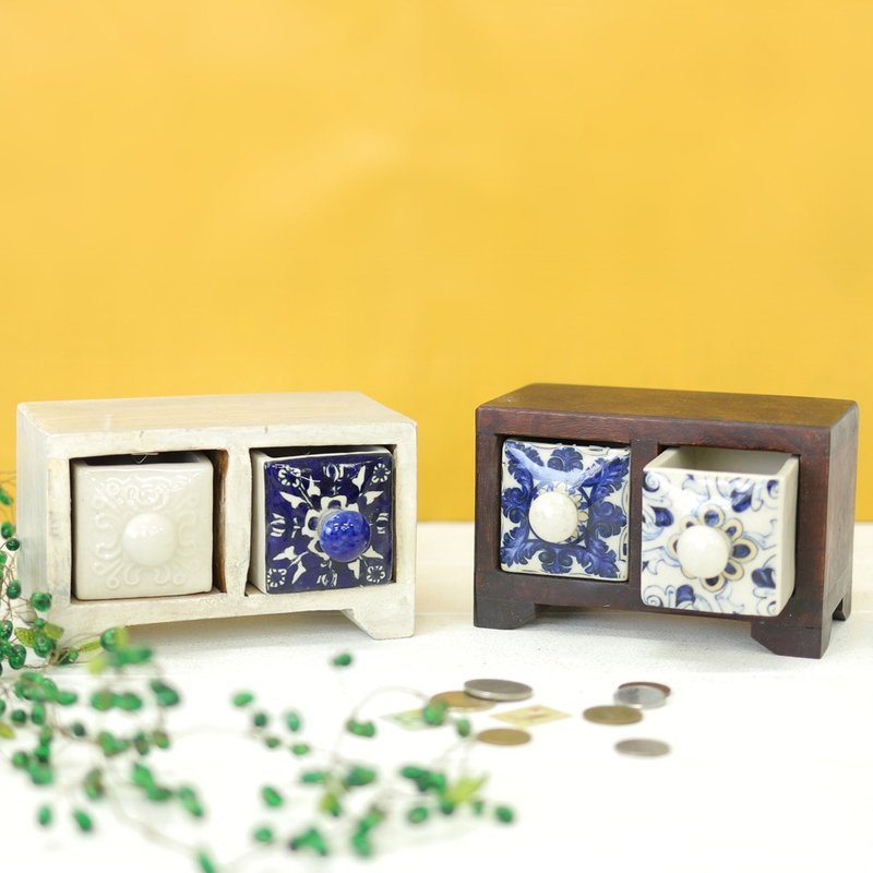 [Pre-order] Bohemian tile style blue and white two-compartment storage box - กล่องเก็บของ - ไม้ ขาว