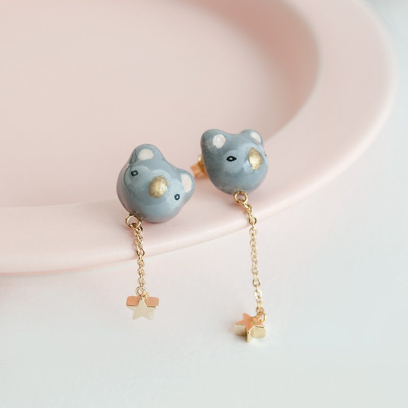 TeaTime / they also love afternoon tea - Koala & star hand-made earrings (ear clip) / original pure hand-made color buds imported material earrings - Earrings & Clip-ons - Clay 