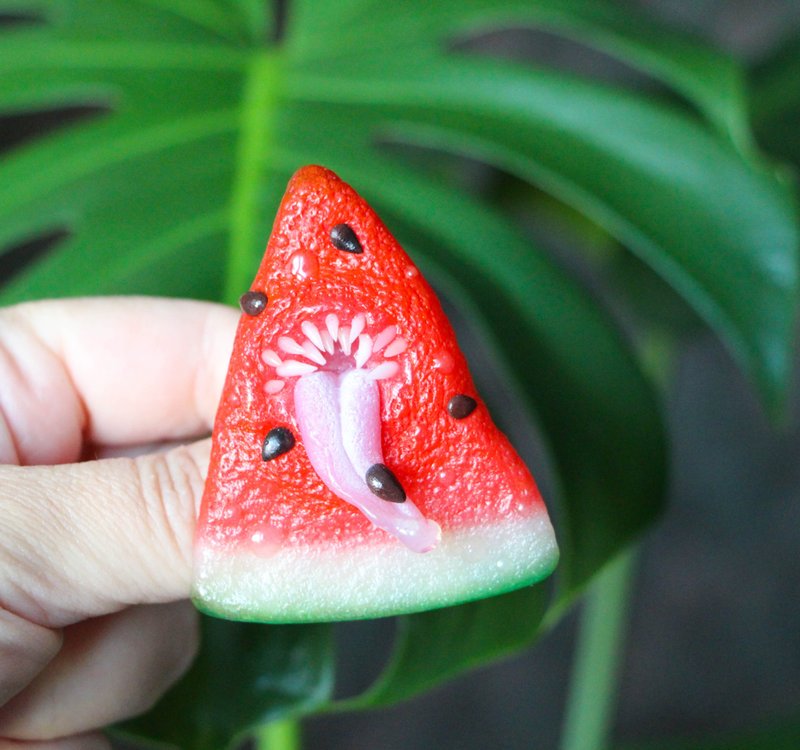 Summer brooch Watermelon brooch Toothy brooch Unusual jewelry - 胸針 - 黏土 紅色