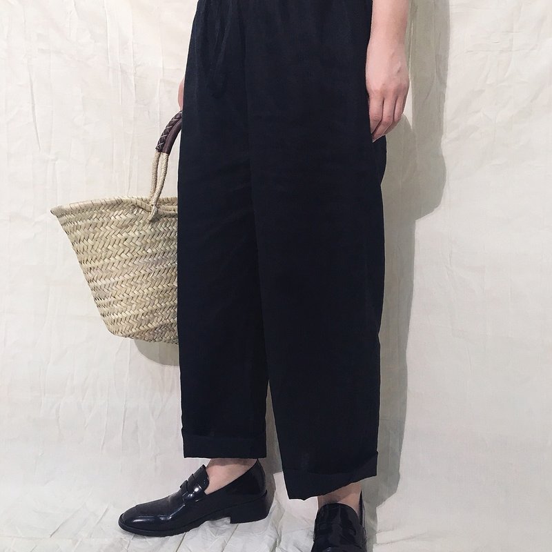 French Linen Drawstring Loose Straight Wide Pants Black - Women's Pants - Cotton & Hemp Black