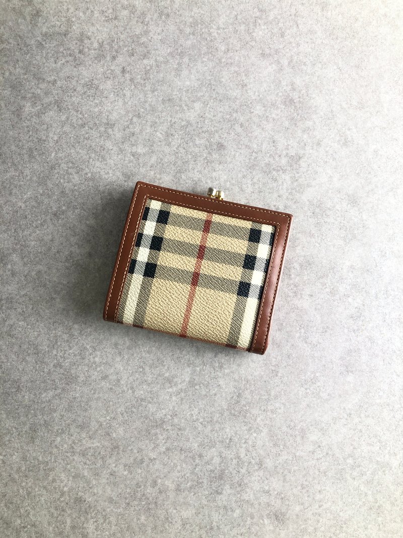【 日本直送　名牌中古包 】BURBERRY バーバリー クラシックチェック 財布 ベージュ キャンバス がま口 二つ折り財布 vintage  rbt4e5 - 錢包/皮夾/長短夾 - 棉．麻 咖啡色