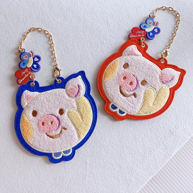 Piggy 二層カード財布/ブルー×タオル刺繍 - パスケース - 刺しゅう糸 