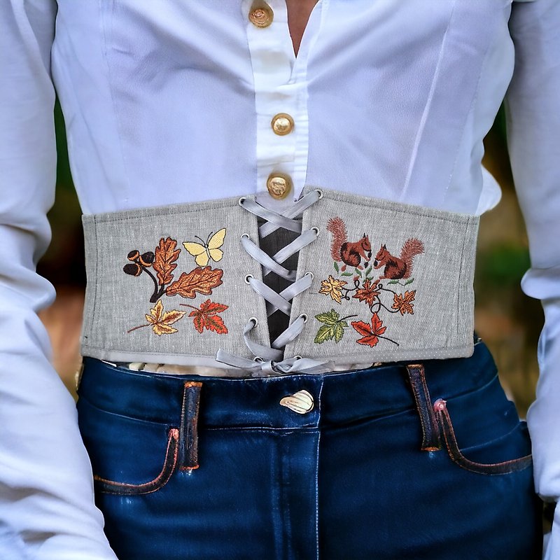 Custom plus size corset belt embroidered, Underbust corset for dress lace up - เข็มขัด - ลินิน สีเทา