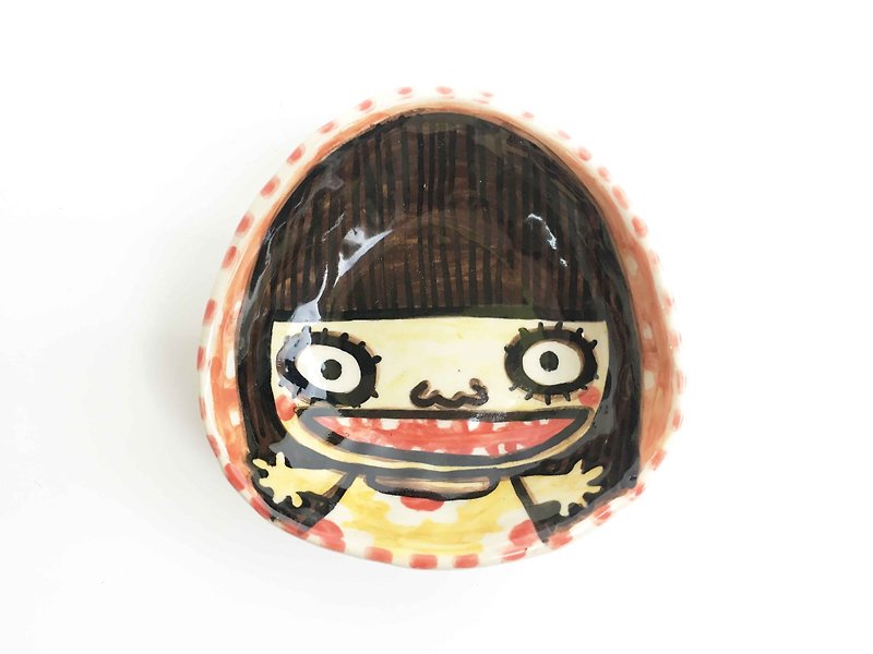 Nice Little Clay hand painted painted plate _ happy girl 0304-10 - จานเล็ก - ดินเผา สีส้ม