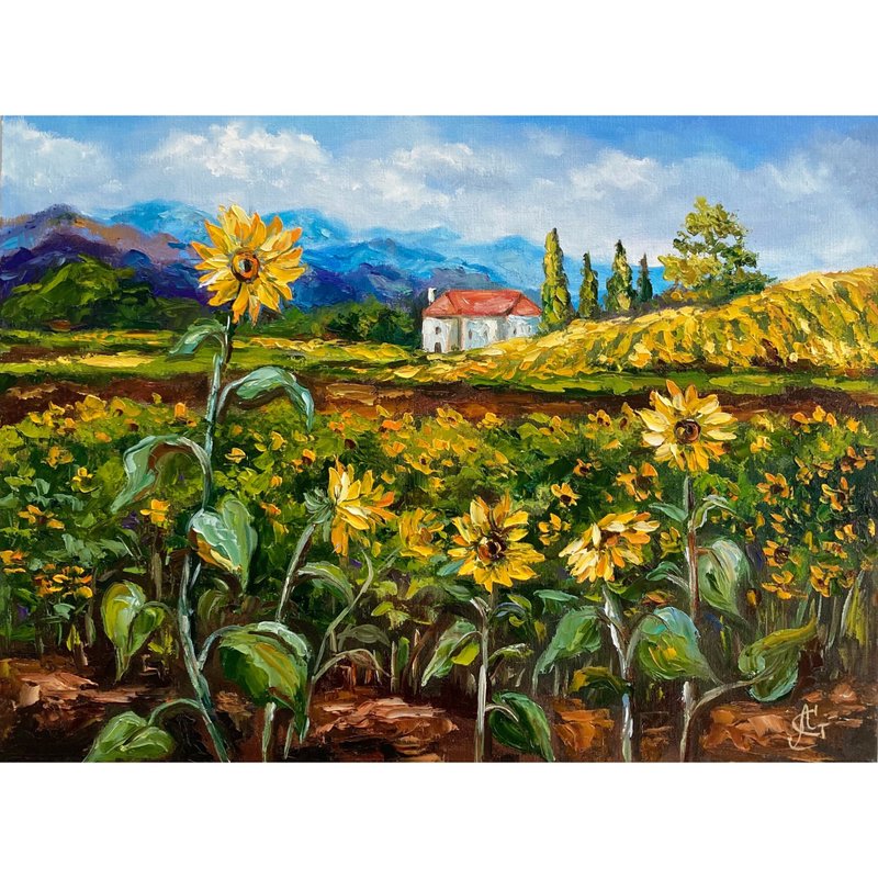 Sunflowers fields original oil painting Landscape artwork Italy painting - Wall Décor - Other Materials Multicolor