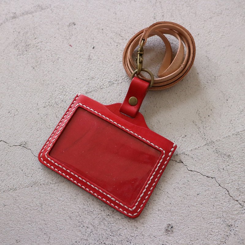 Hand-sewn ID card holder/horizontal/red body and white thread (with lanyard) - ที่ใส่บัตรคล้องคอ - หนังแท้ สีแดง