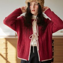 2顏色 日出綠寶石 法式復古繫帶撞色針織開衫 毛衣外套 UPW紗線