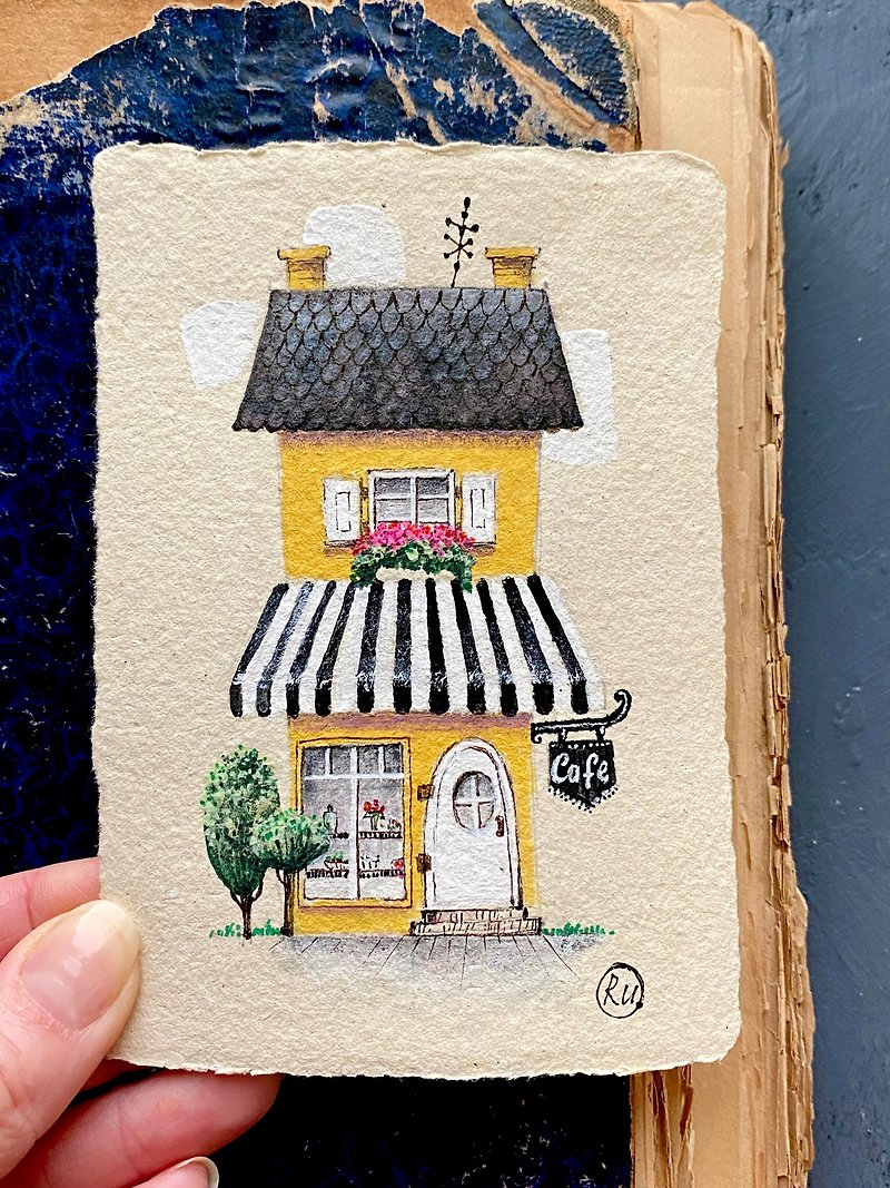 Cozy cafe painting Original art Mini artwork on recycled paper Rubinova - Posters - Paper Multicolor