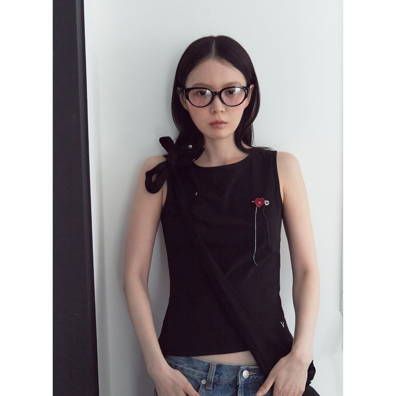 V CHAIN STITCH COTTON SLEEVELESS (BLACK) - 女上衣/長袖上衣 - 棉．麻 黑色