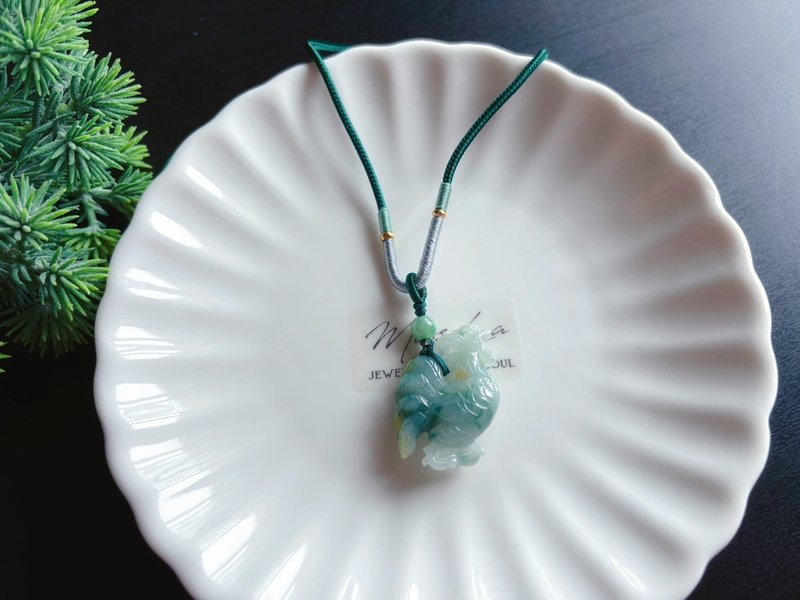 天然緬甸玉 翡翠 飄花帶黃翡雞 心想事成 人丁興旺 項鍊 禮物 - 項鍊 - 玉石 綠色