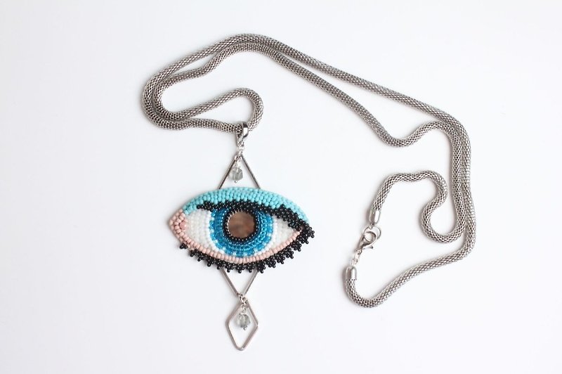 Pendant Eye blue beaded mirror pupil - Necklaces - Glass Blue