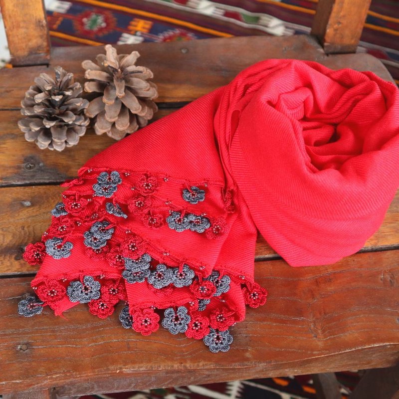 OYA crochet Pashmina shawl【MARY】Scarlet - Scarves - Wool Red