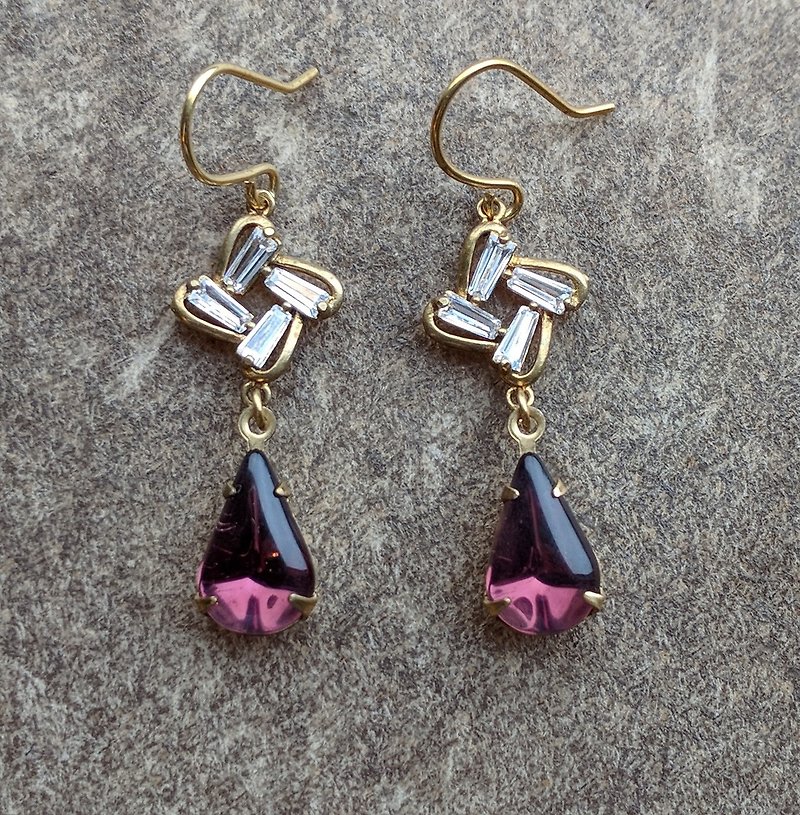 紫色古董玻璃鋯石耳環 - 耳環/耳夾 - 玻璃 紫色