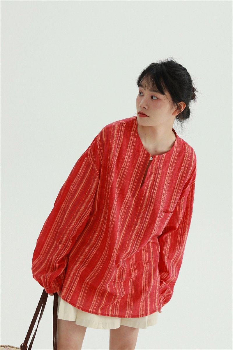 Red 2 color bars vertical stripes Boho retro shirt blouse loose basic top M-2XL - Women's Shirts - Cotton & Hemp Red