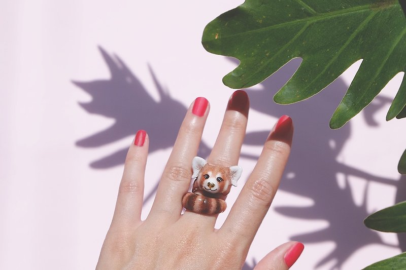 其他金屬 戒指 紅色 - Raph Red Panda Ring, Handcrafted Enamel, Red Panda Ring.