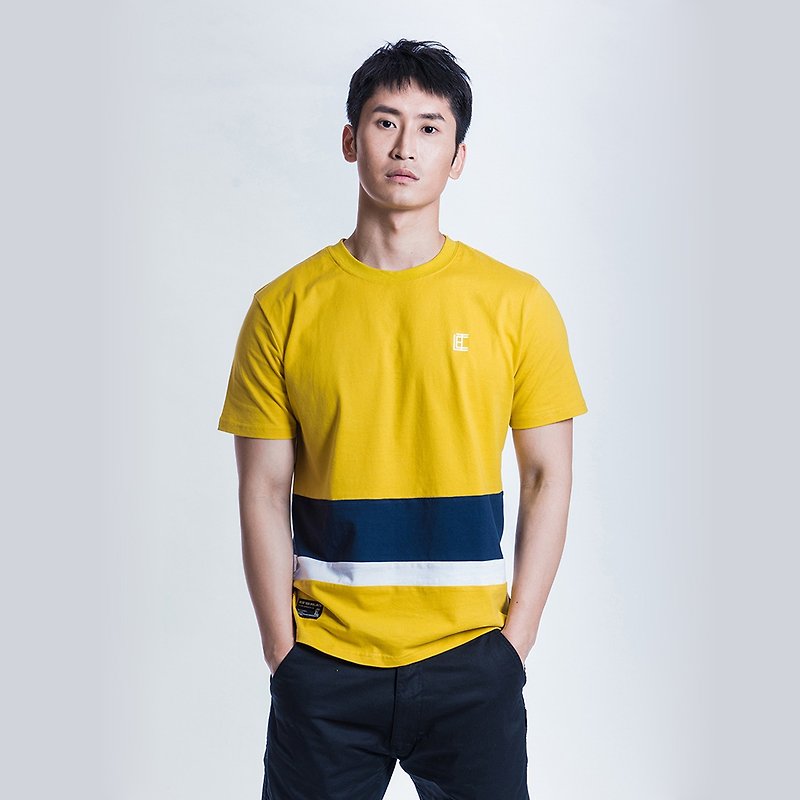 男裝拼布印花T恤, 黃色 - T 恤 - 棉．麻 黃色