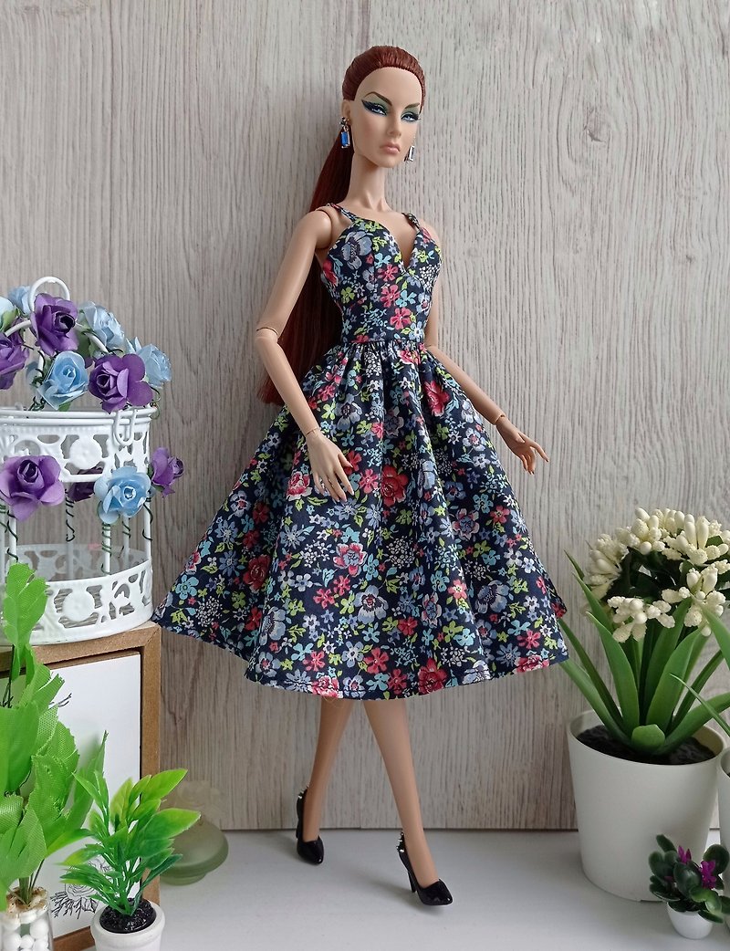 La-la-lamb Blue dress with floral print for Fashion Royalty FR2 12 inch dolls