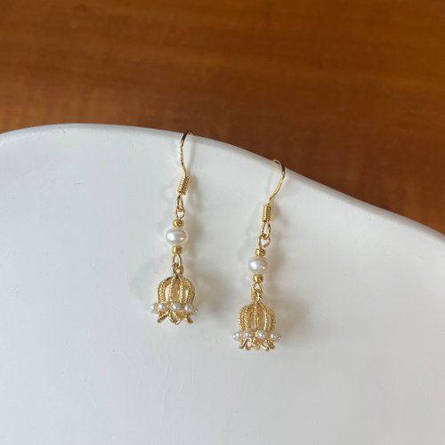 KAREN JEWELRY 14K包金 淡水珍珠鈴蘭耳環 珍珠耳環 耳夾 14KGF