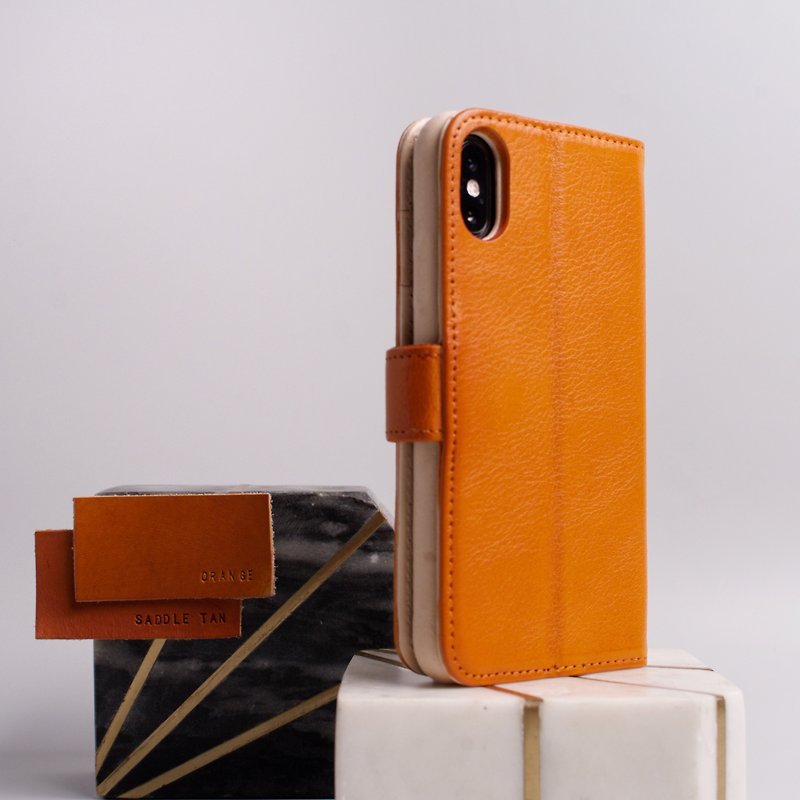 Leather iPhone wallet case for iPhone Xs/X & Xs Max - Dots in Saddle Tan - Phone Cases - Genuine Leather Orange