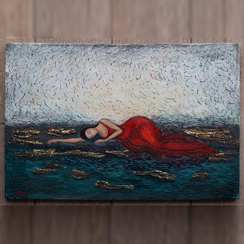 Abstract art Acrylic painting on canvas Original painting Woman in red dress - Posters - Acrylic Blue