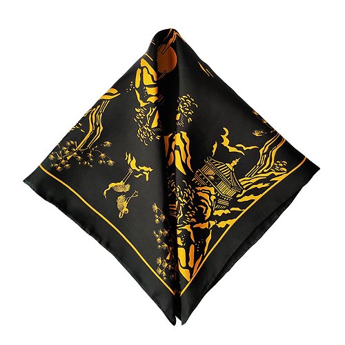 CHIC AS ART 65cm黑金山水桑蠶絲真絲方巾|圍巾|復古文藝|披肩|藝術家原創