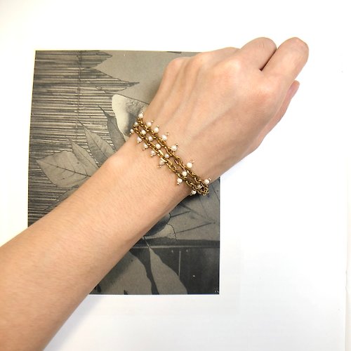 ART COLE 精緻珍珠黃銅手鏈 珍珠手鏈 黃銅手鍊 金色雙鏈手鏈 情人節禮物