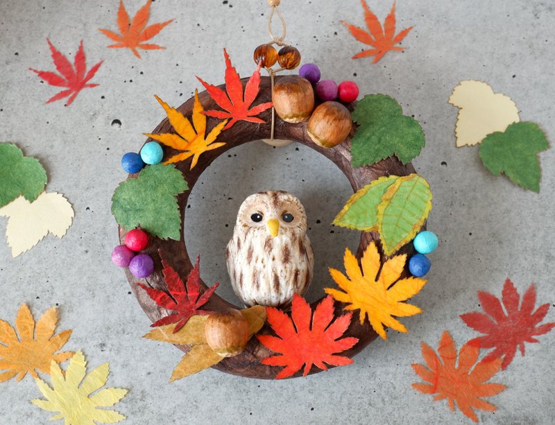 Japanese paper interior Owl forest wreath Autumn wreath Autumn interior - Other - Other Materials Multicolor