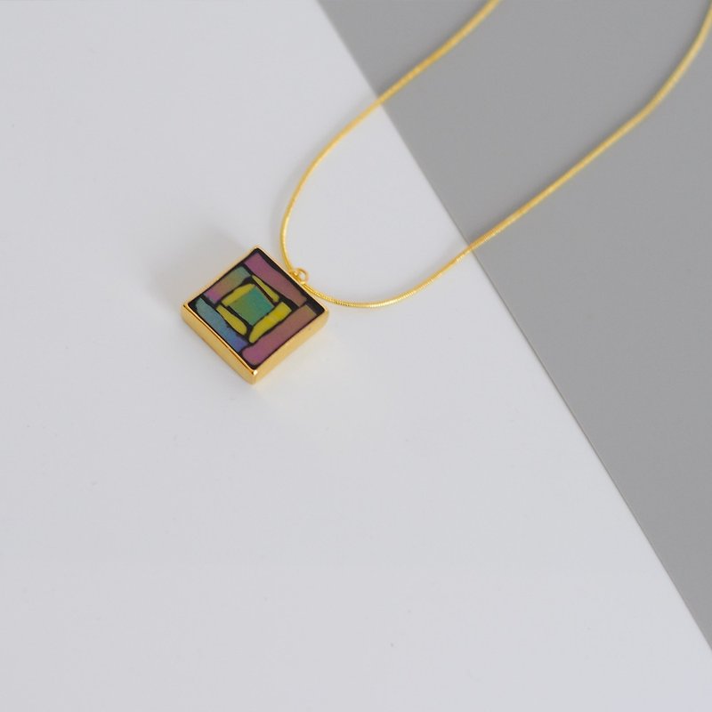 Hand-set mosaic gold-plated necklace 925 sterling silver gold-plated purple square pendant geometric pattern - สร้อยคอยาว - โลหะ 