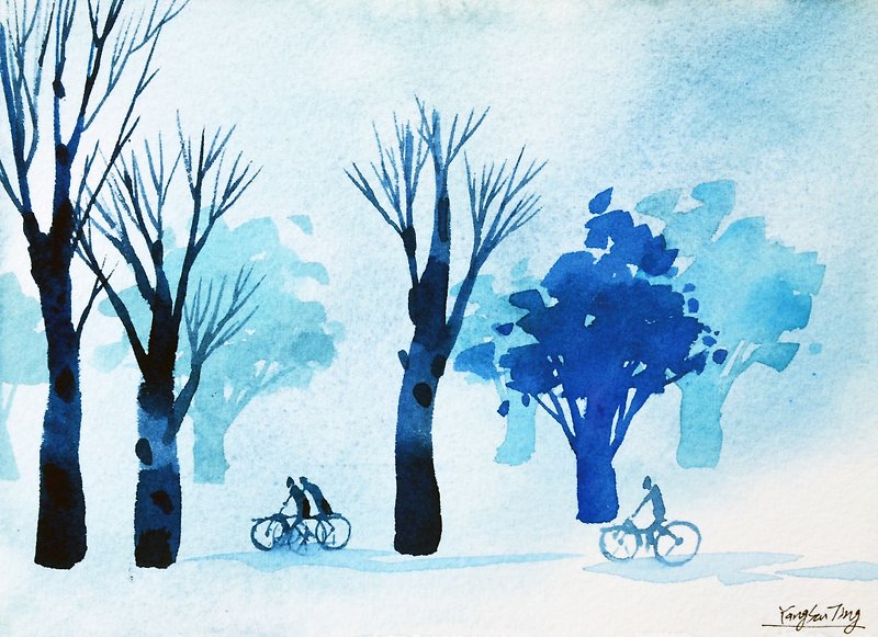 療癒系樹林系列b5-水彩手繪限量版明信片/聖誕卡 - 卡片/明信片 - 紙 藍色