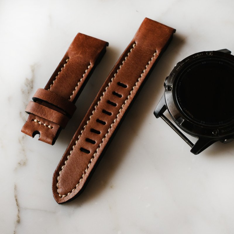 Crazy Horse Cowhide Dark Brown Cream Stitching Leather Garmin  Band - 錶帶 - 真皮 咖啡色