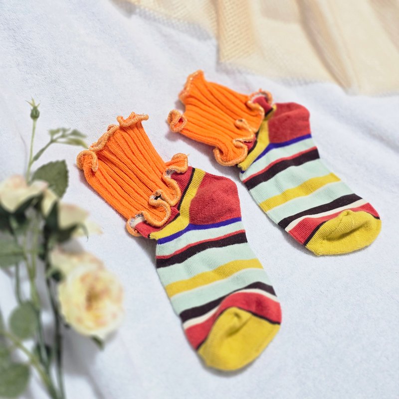 オレンジ　ボーダー　カラフルメロウソックス 派手靴下 個性的 15-18cm　子供用靴下 socks - 襪子 - 其他材質 橘色