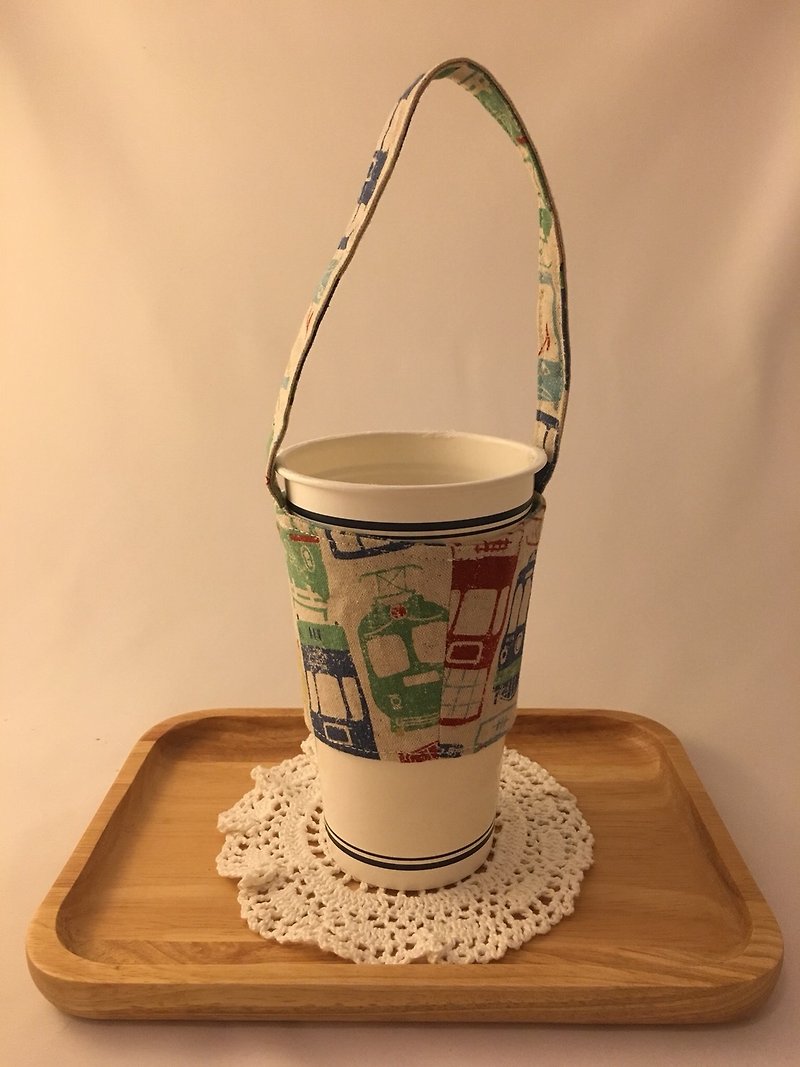 Nostalgic Showa tram takeaway drink cup bag - ถุงใส่กระติกนำ้ - ผ้าฝ้าย/ผ้าลินิน สีกากี