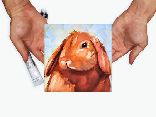 大注目 油絵。ウサギとお絵描き。油絵動物・ミニチュアアート