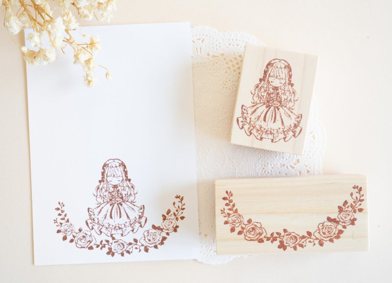 Rubber stamp /stamp - Girl with a rose bouquet and a rose arch - Stamps & Stamp Pads - Rubber Brown