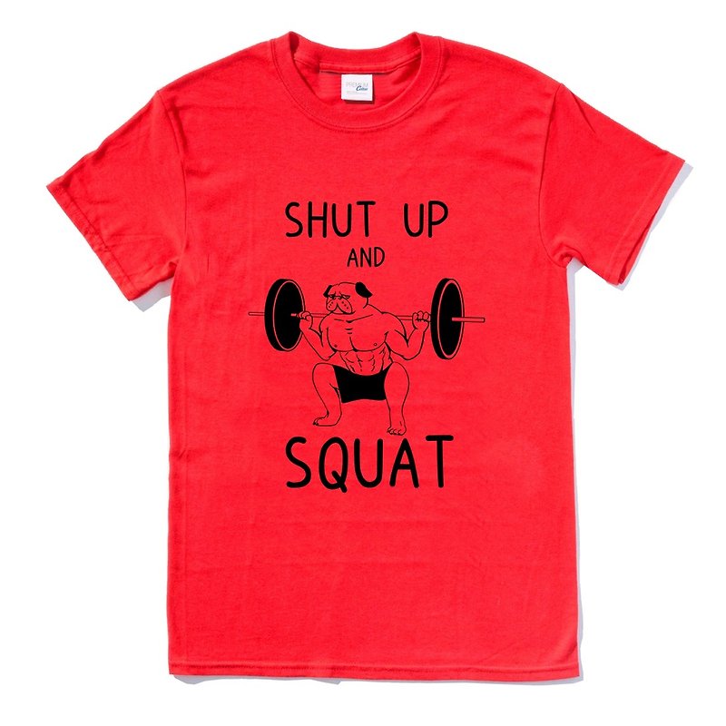シャットアップスクワットパグ半袖 Tシャツ赤パグ楽しいフィットネスデザイン犬動物メソッド子犬スクワット - Tシャツ メンズ - コットン・麻 レッド