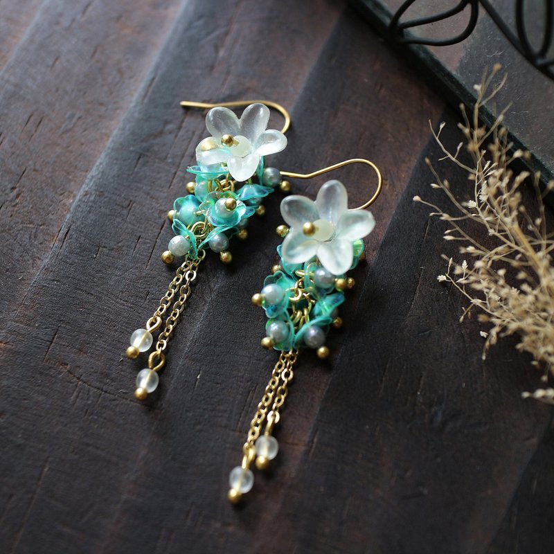 White mint blue sequined flowers Bronze Dangle Earrings Ear Clip-On - Earrings & Clip-ons - Copper & Brass Blue