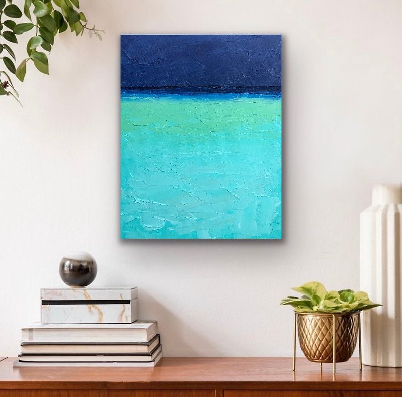 Original Seascape Oil Painting On Canvas Blue Ocean Sky Landscape Impasto Art - 牆貼/牆身裝飾 - 棉．麻 多色