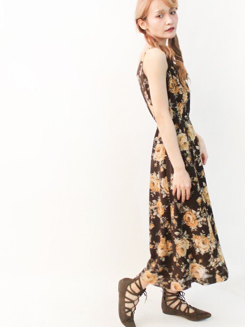 Japanese Retro Vintage Brown Brown Flowers Sleeveless Vintage Dress Vintage Dress - ชุดเดรส - เส้นใยสังเคราะห์ สีนำ้ตาล