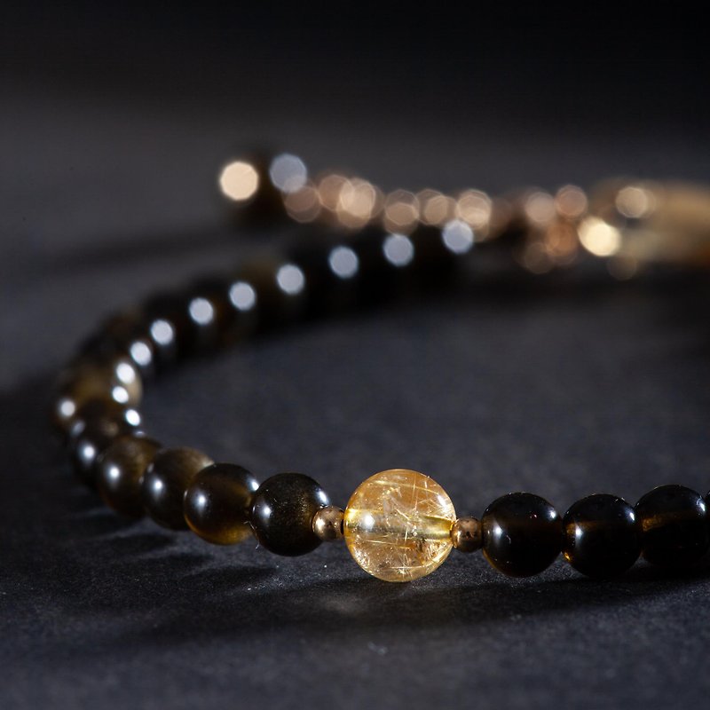 Black Obsidian, Golden Rutilated Quartz , 14K Gold Filled Findings Bracelet - สร้อยข้อมือ - เครื่องเพชรพลอย สีดำ
