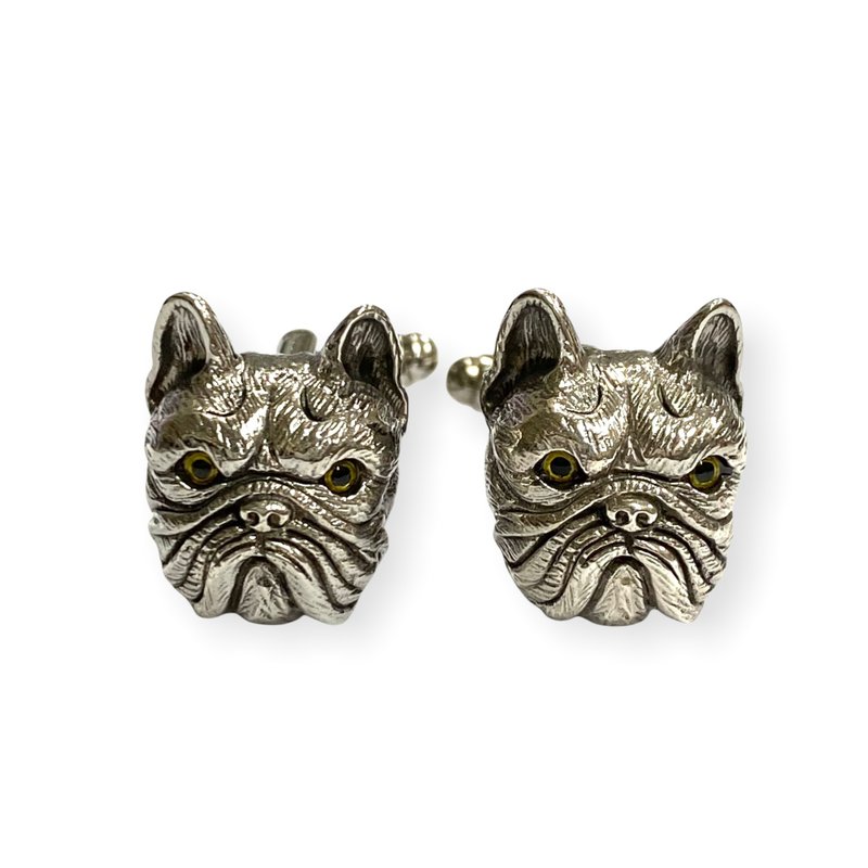 Victorian Style French Bulldog with Emerald Collar Cufflinks 925 Sterling Silver - 袖扣 - 純銀 銀色