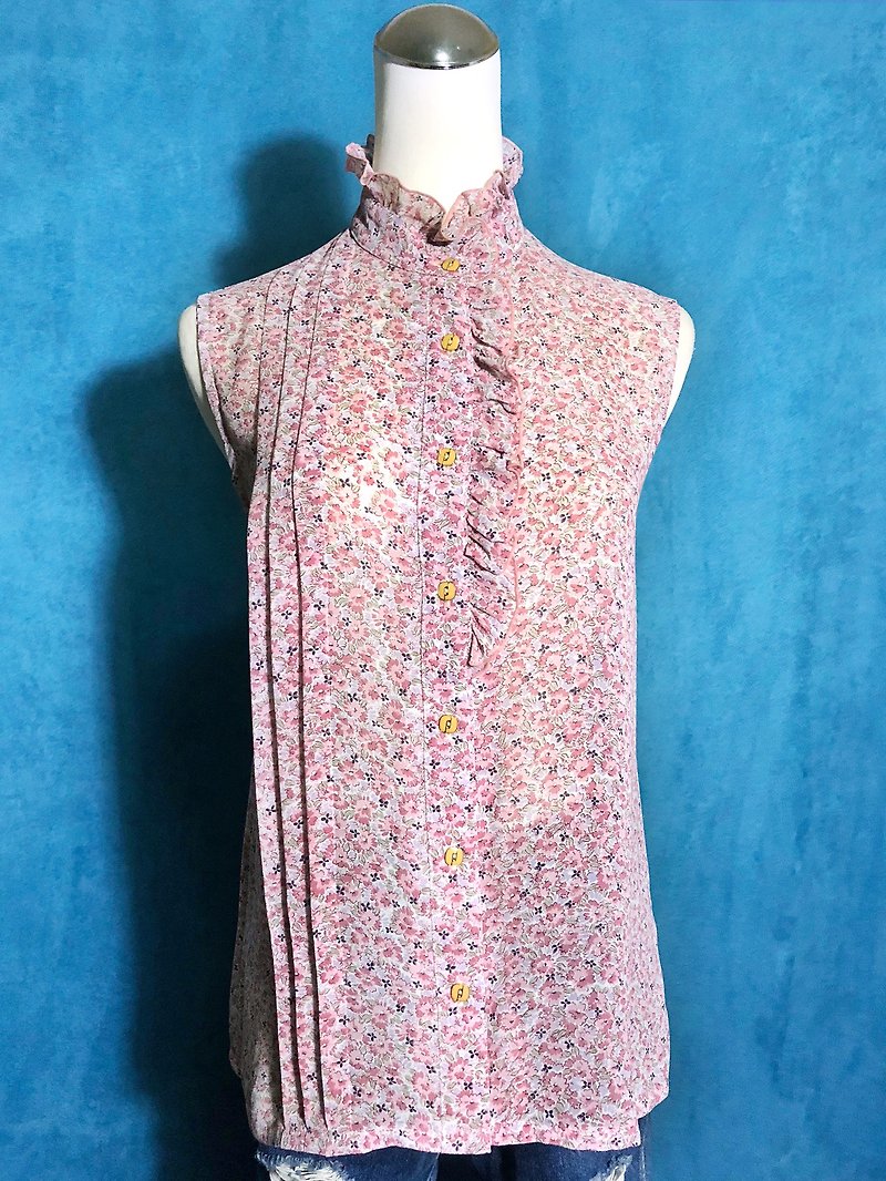 One-Sided Ruffled Chiffon Sleeveless Vintage Shirt / Bring Back VINTAGE - Women's Shirts - Polyester Pink
